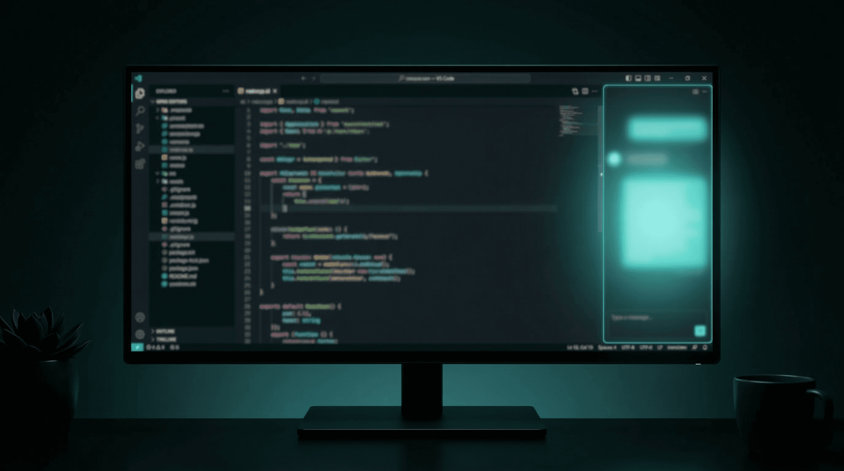 VS Code interface in a dark workspace with an AI assistant panel glowing teal