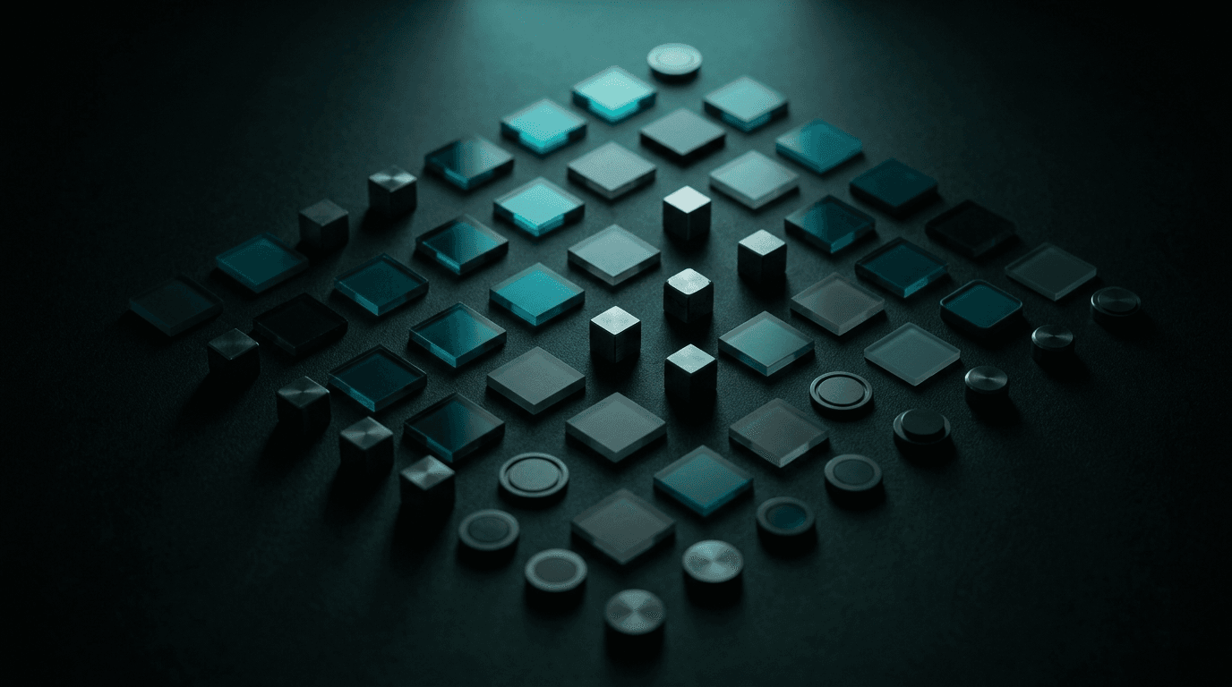 A grid of colored acrylic squares and circular tokens arranged in precise rows on a dark surface, suggesting a curated system of modular parts