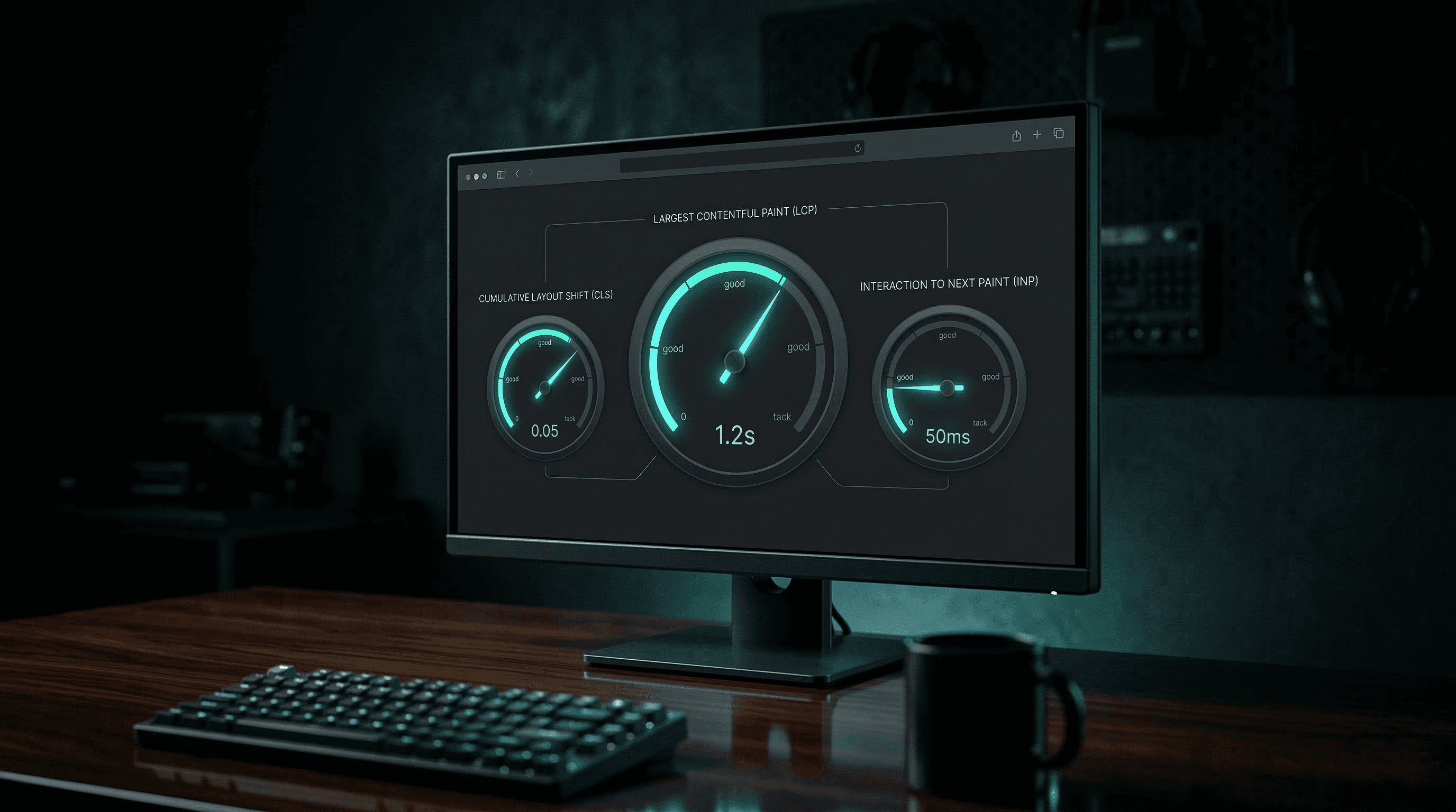 A performance dashboard with speed gauges glowing teal against a dark background