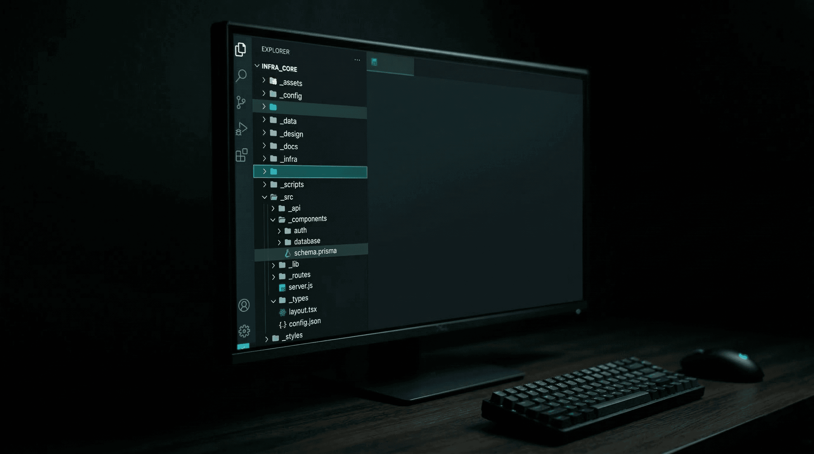 A neatly organized file tree structure illuminated by teal light on a dark screen