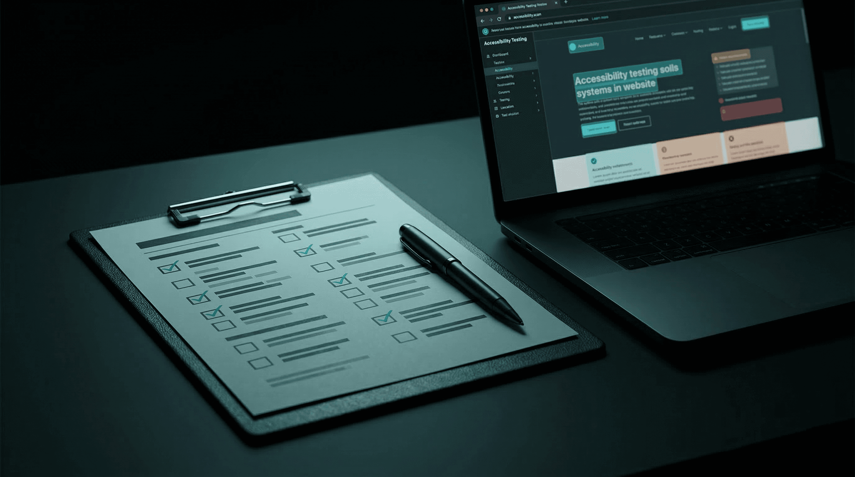 A clipboard with a checklist next to a laptop showing a website being tested