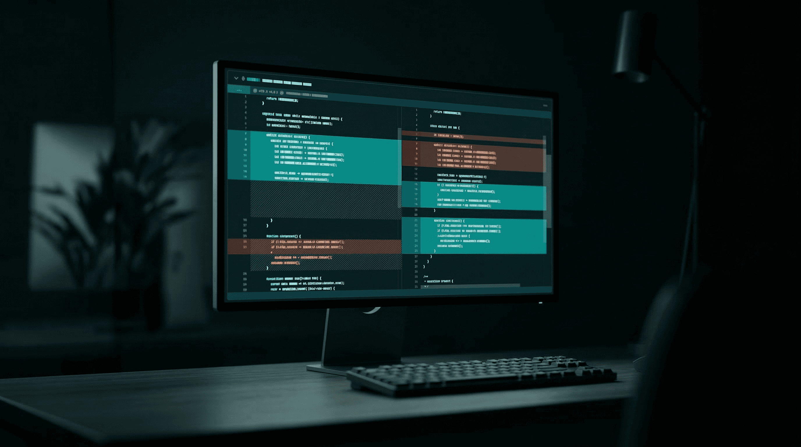 A developer's monitor showing a code diff view with accepted and rejected changes