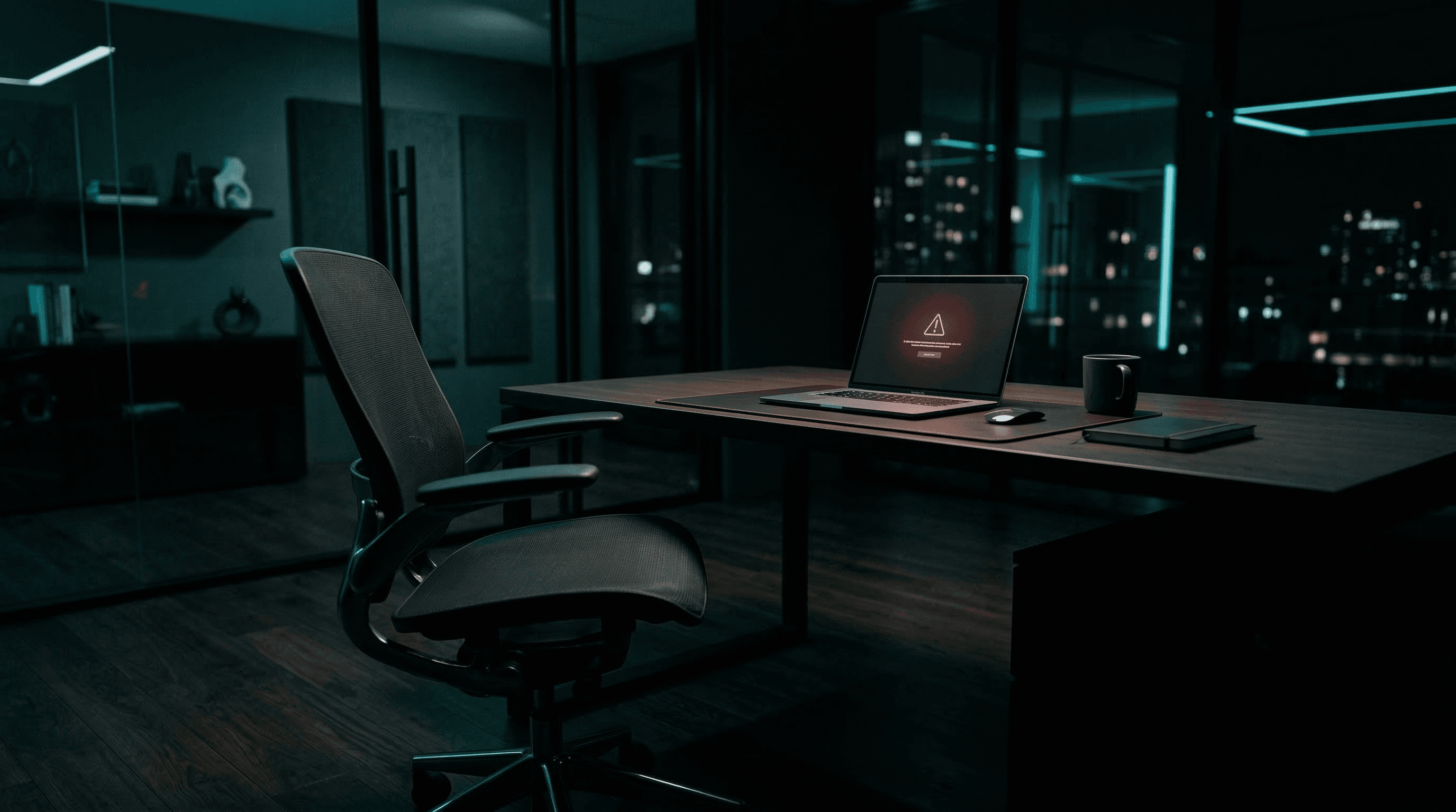An empty office chair pulled back from a dark desk with a laptop showing a warning light
