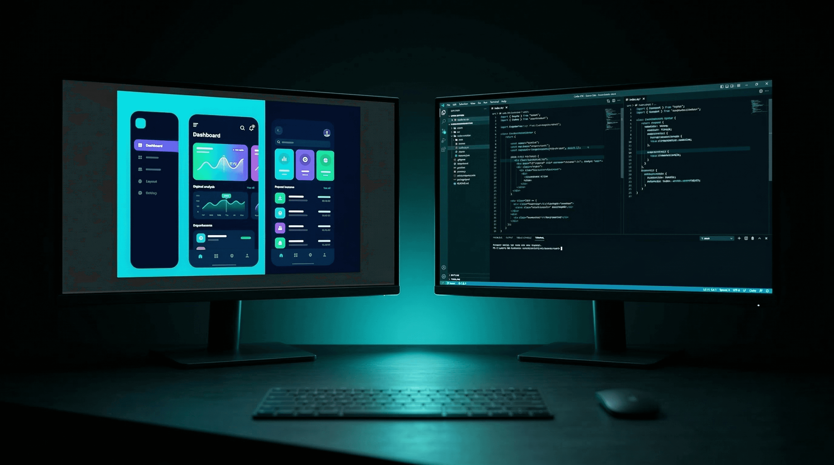 A design mockup on one screen and code on another with a gap between them